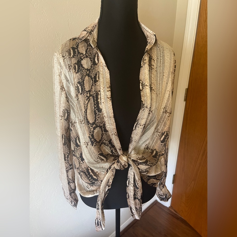 Timing Sheer Snake Skin Print Open Front Self Tie Blouse Small